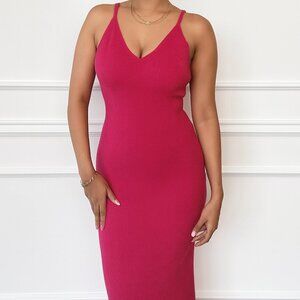 S/M Midi Hot Pink Ribbed Stretch Knit Sleek Dress